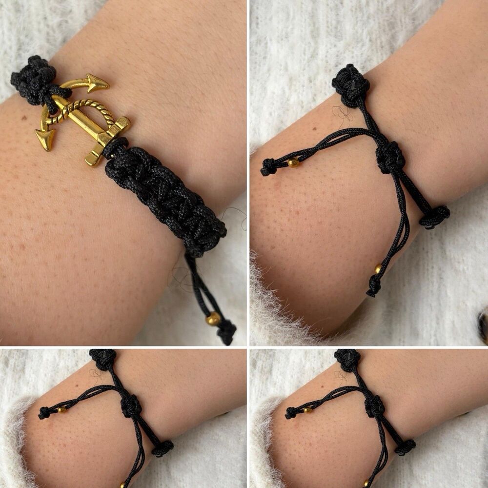Black Braided Cord Anchor Bracelet Gold Tone Nautical Adjustable Rope - Picture 8 of 8